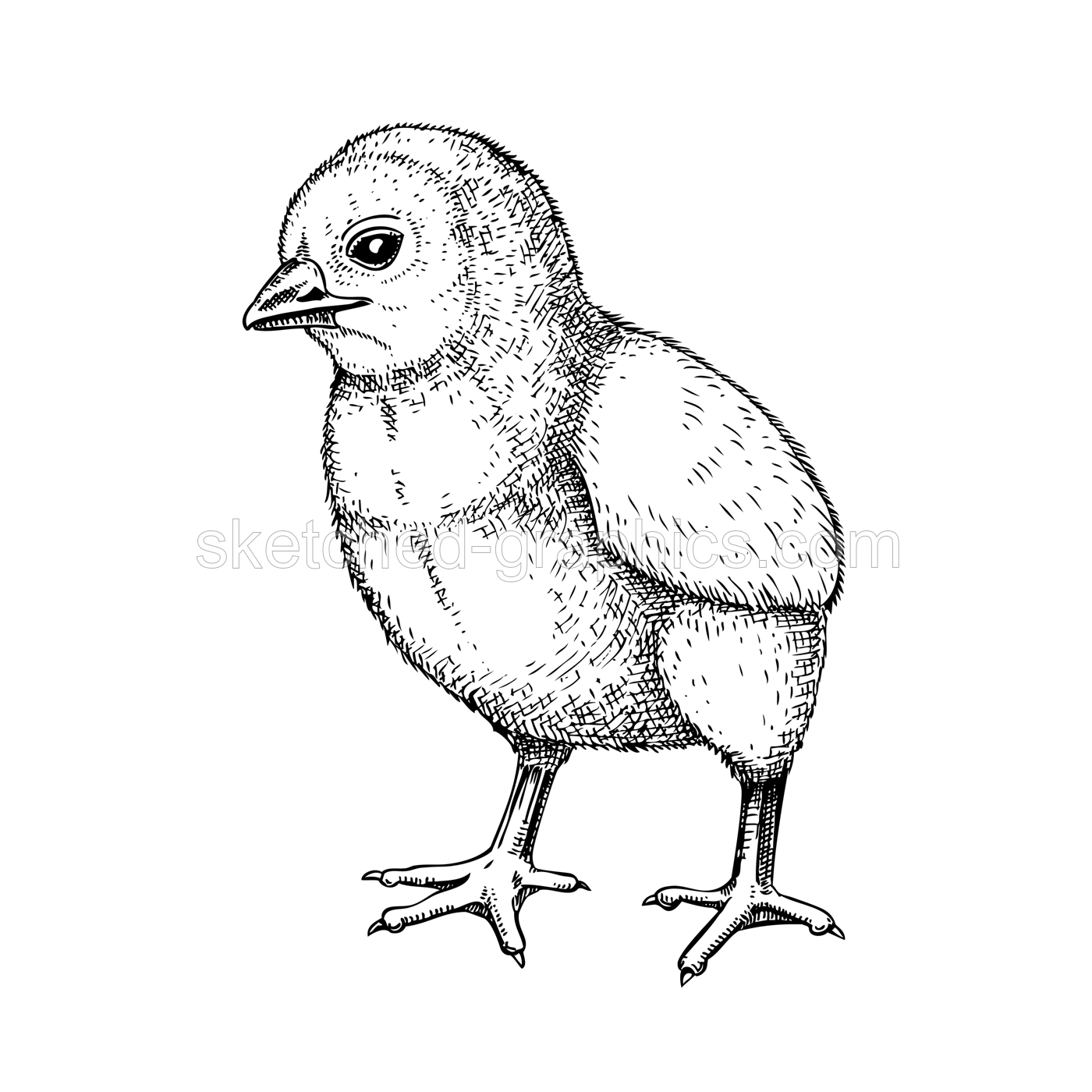 Hand drawn chicken sketch. Cute black contoured chick drawings. Little lovely feathered baby bird in engraved style. Vector illustration isolated on white background Illustration